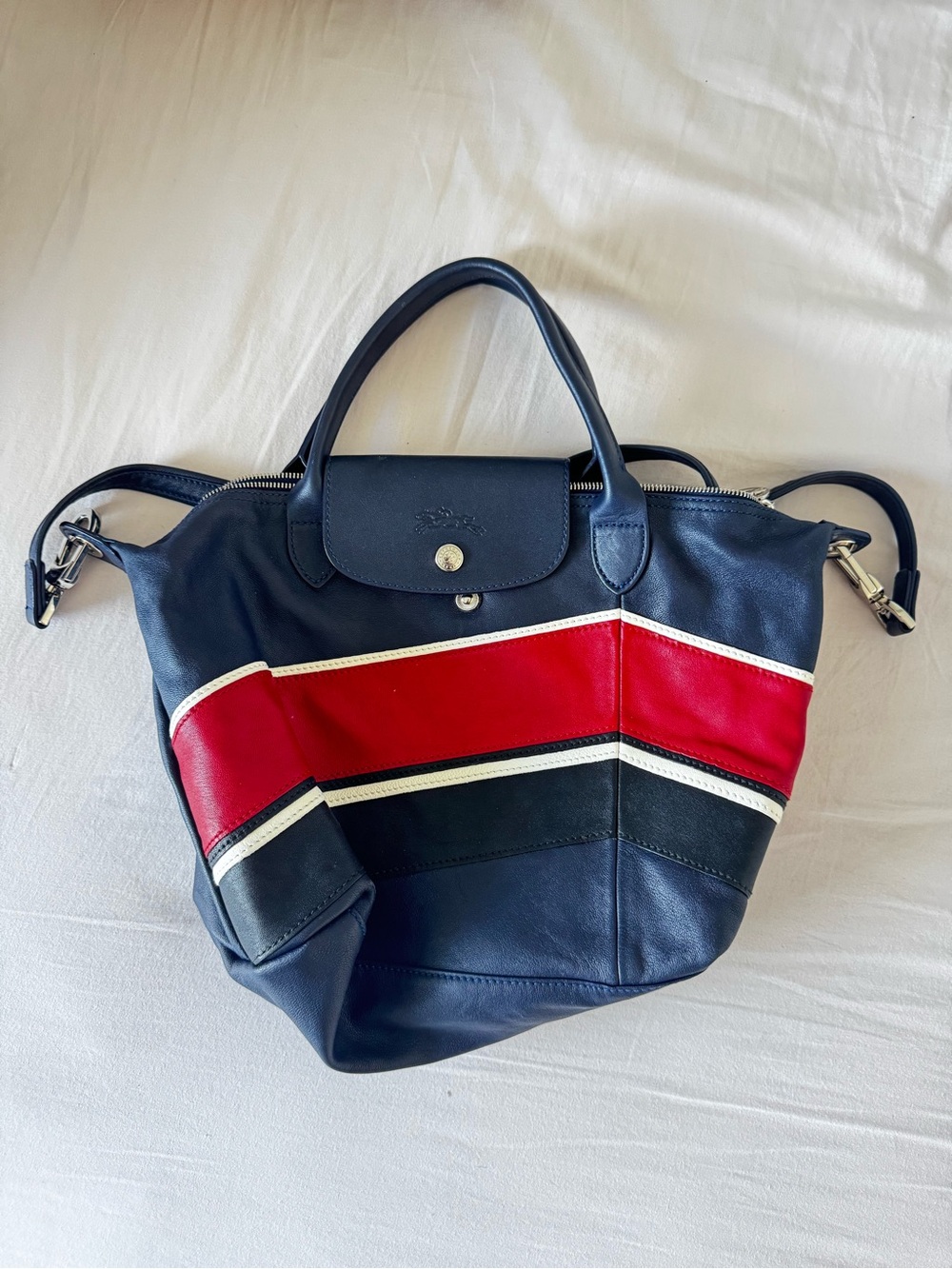 Longchamp Navy Leather Tote with Red and White Racing Stripes